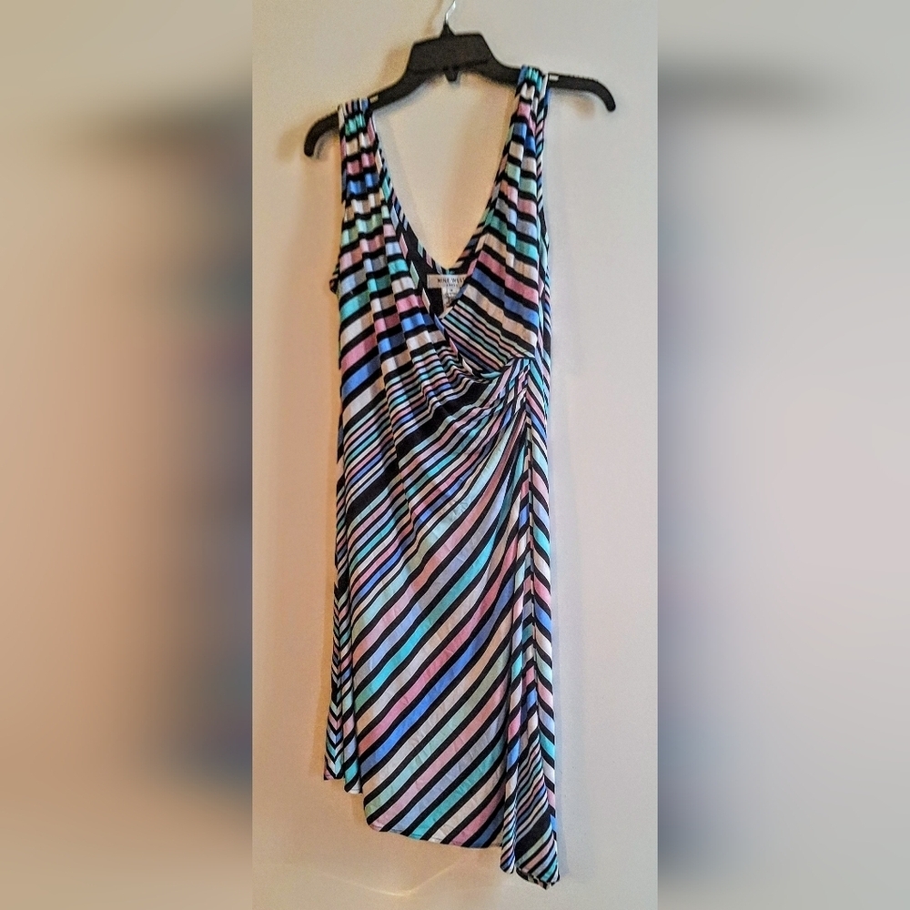 NWOT Nine West Asymmetrical Striped Dress - Black, White, Blue, Pink.
